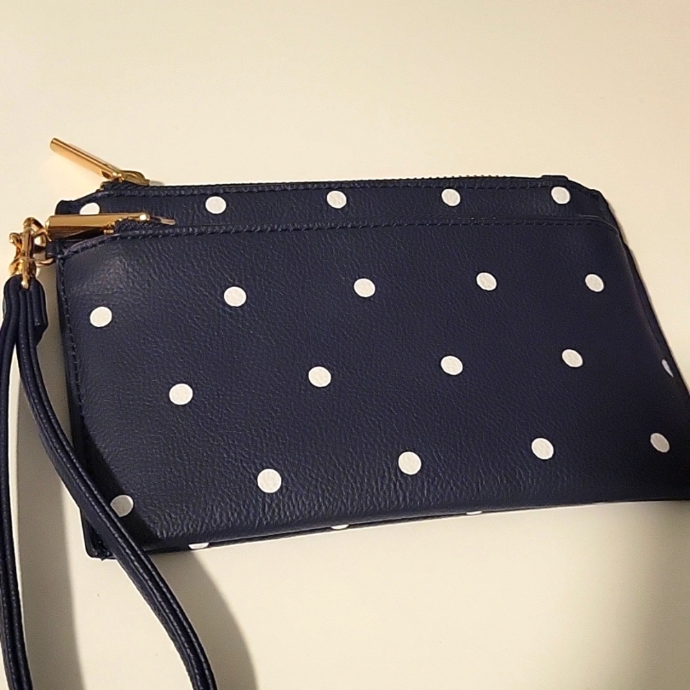 NWOT A NEW DAY navy blue polka dots wristlet